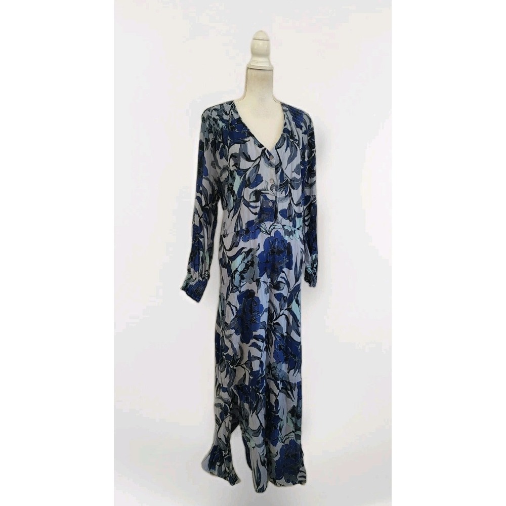 Roaman's Dress Crinkle Cotton Maxi Blue Floral V Neck Button Long Sleeve 22/24